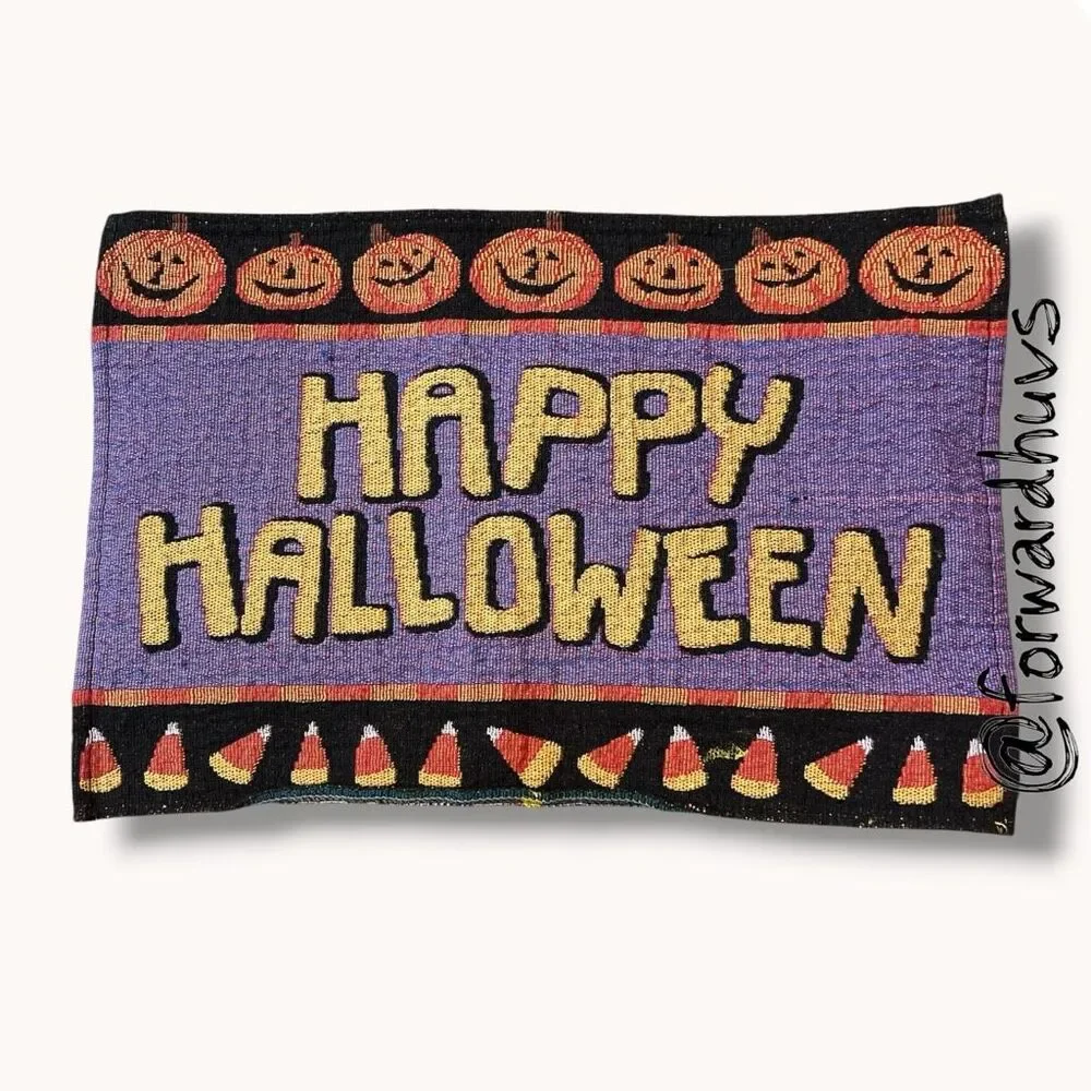 Happy Halloween Woven Tapestry Placemats Set of 2 Jack O Lantern Candy Corn